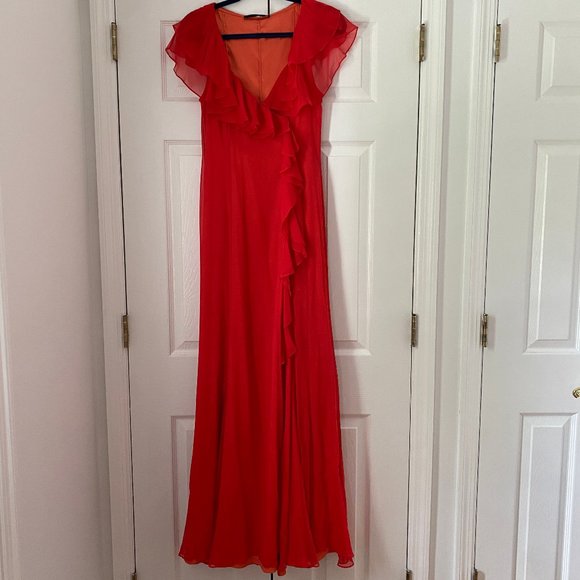 Elegant Red/Orange Silk Wrap Long Dress Size 4 - Picture 5 of 15